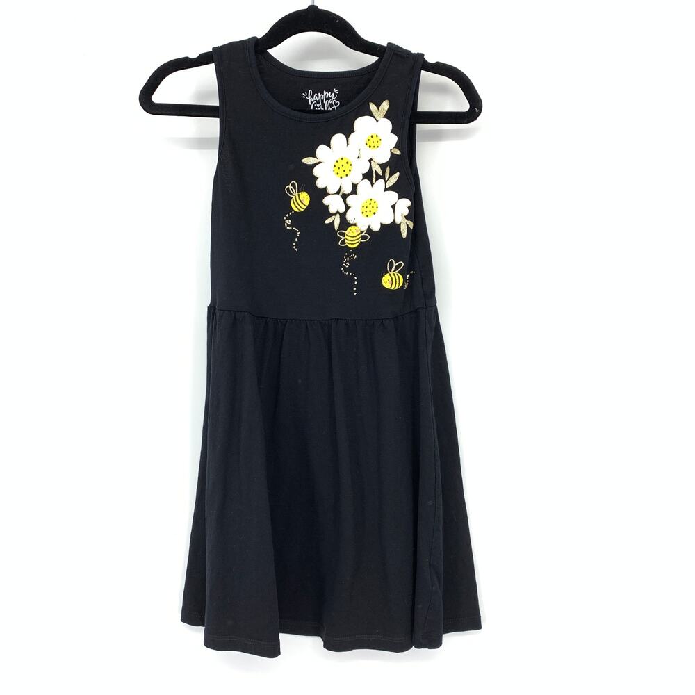 C&A Happy Girls Club Sleeveless Dress A-Line Girls Sz 122 US 7 Black Flower Bees